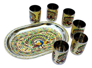 Meenakari Peacock Glass Tray Set